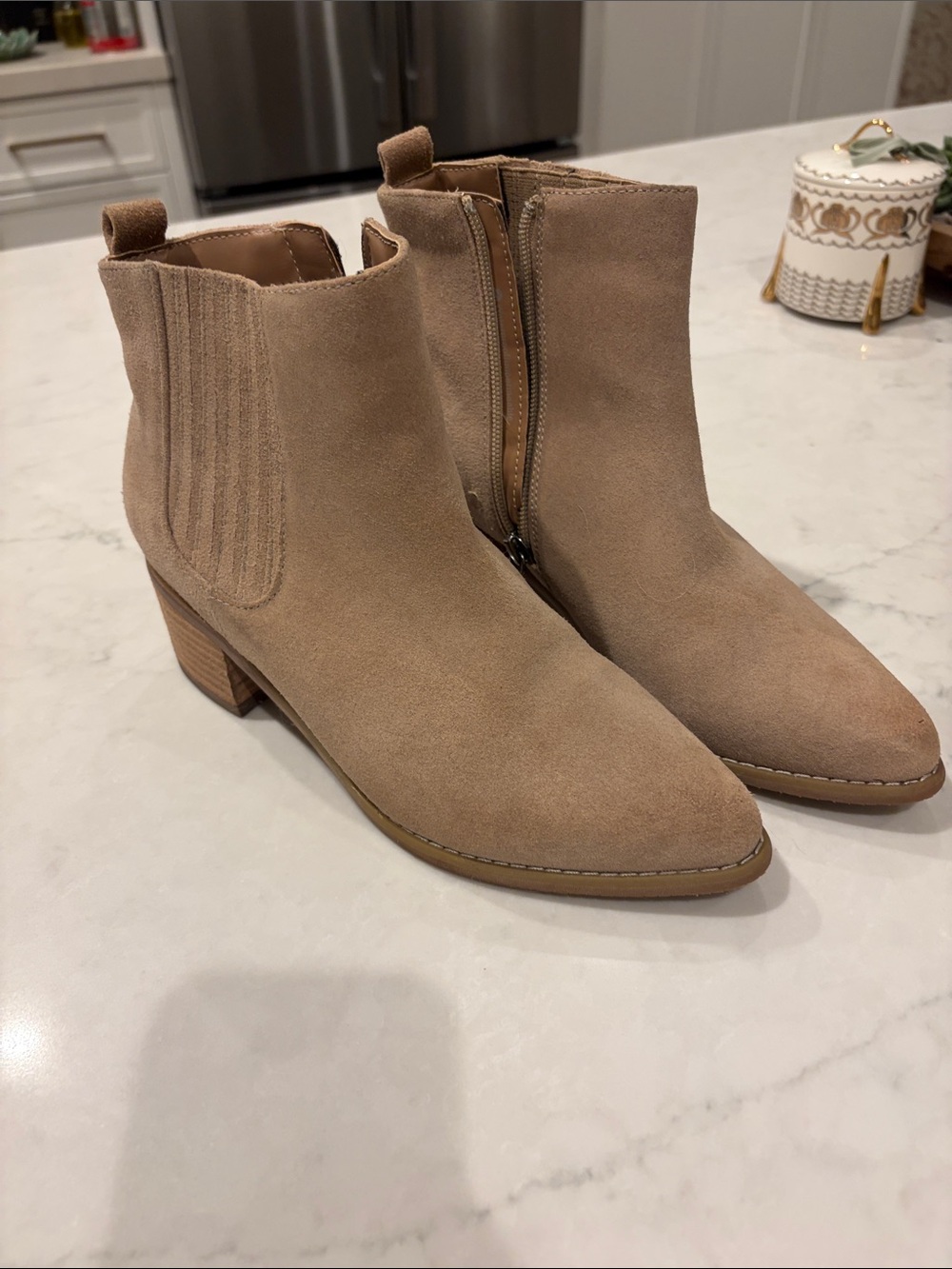 Blondo Beige Suede Pointed Ankle Booties